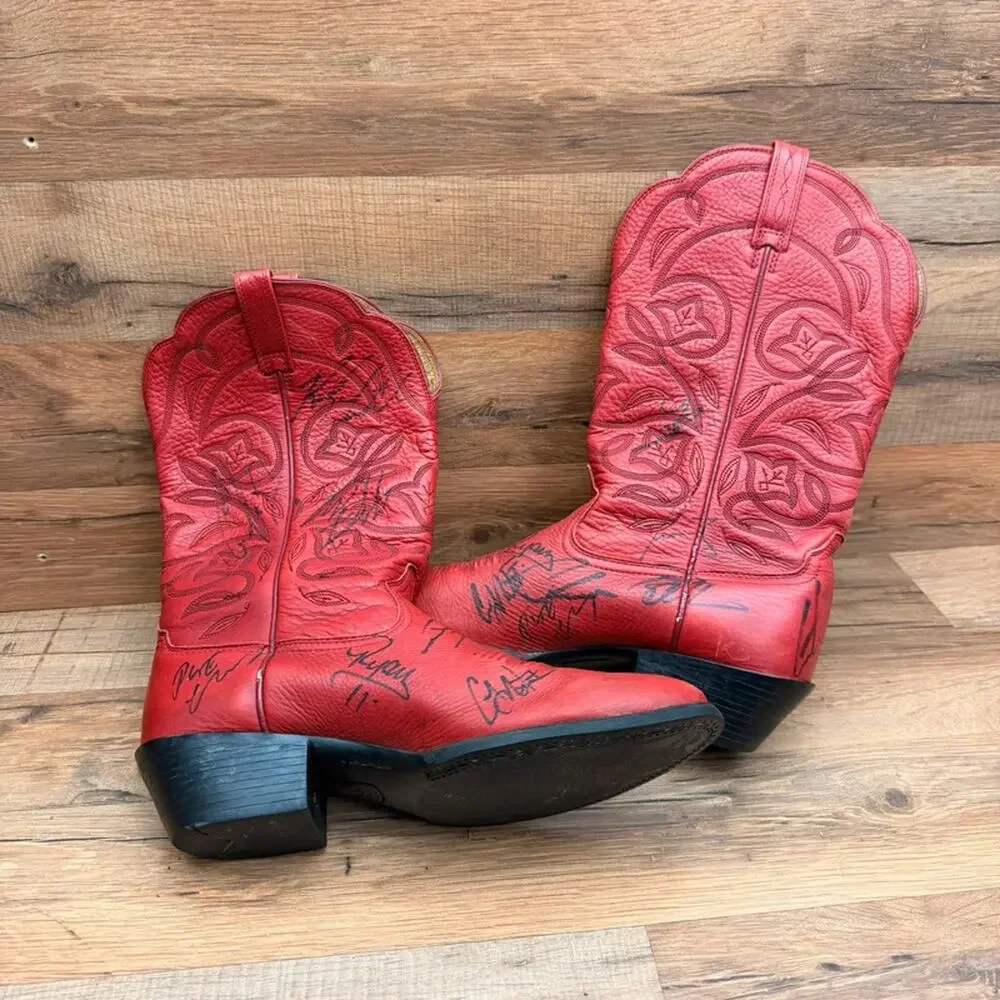 Ariat Womens Size 9 B Red Leather Cowboy Boots Signed Autographed
